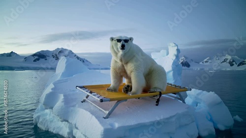 A polar bear is sunbathing on an ice floe sitting on a chaise longue. Surreal.