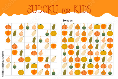 Pumpkins sudoku, educational game or leisure puzzle activity worksheet illustration, printable grid to fill in missing images, autumn Thanksgiving topical vocabulary, with solution, teacher resources