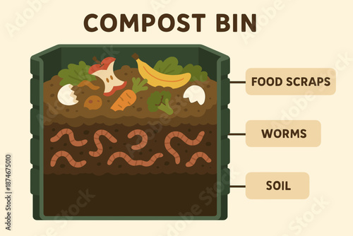 Compost Bin Diagram Showing Food Waste Breakdown and Soil Layers Vector
