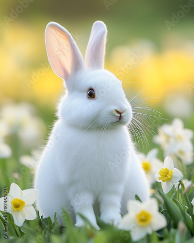 White bunny sitting among blooming flowers during Easter celebrations in a sunny garden