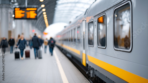 Train station platform with departing passengers and railway journey atmosphere