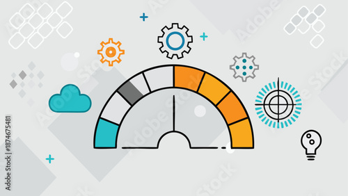 Business efficiency dashboard with progress meter and optimization icons
