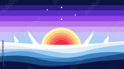 Vibrant Sunset Over Snowy Landscape Vector Illustration with Gradient Sky