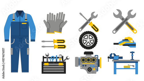 Flat design mechanic tools and equipment set in blue and yellow