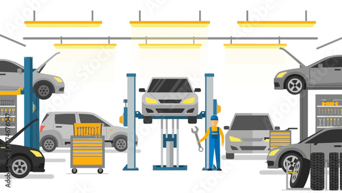 Car service garage with lift and mechanic in modern flat design