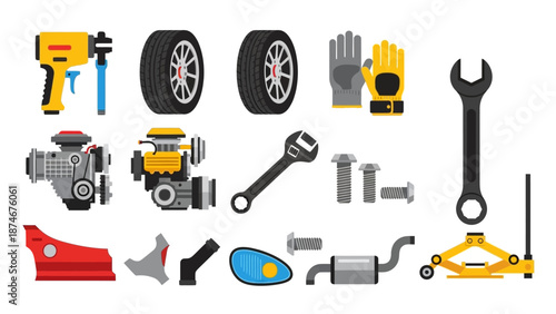 Car repair tools and parts set in flat style