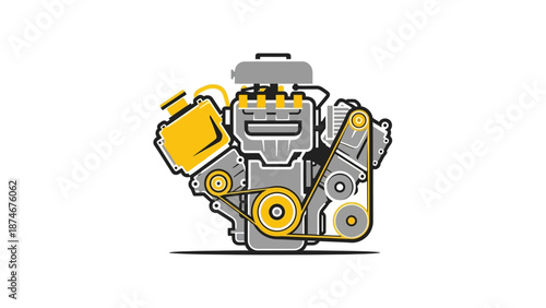 Modern car engine design with geometric elements and bold colors