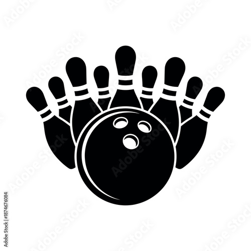 Black silhouette of a bowling ball and pins on a white background