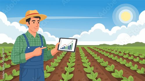 Farmer in a Field with Tablet Showing Growth Chart - Vector Illustration of Agriculture Technology