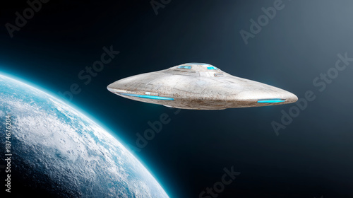 Futuristic spaceship in orbit around distant planet for sci-fi exploration concept