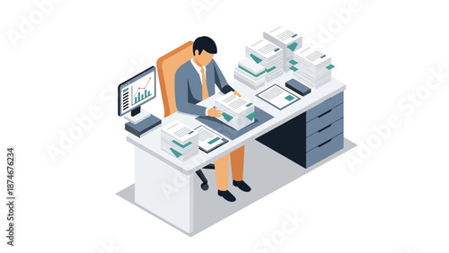 Office worker managing paperwork at desk in isometric style with analytics display