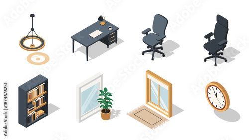 Modern office furniture and decor collection in isometric design