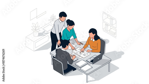 Collaborative office meeting in modern isometric style with teamwork and creativity focus