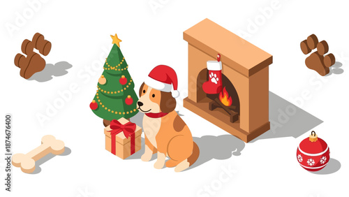 Festive isometric christmas scene with dog, tree, and fireplace