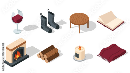 Cozy home essentials: wine, warm socks, furniture, and fireplace for comfort