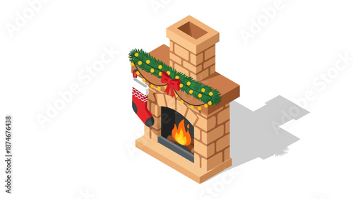 Isometric fireplace decorated for christmas with garland and stocking