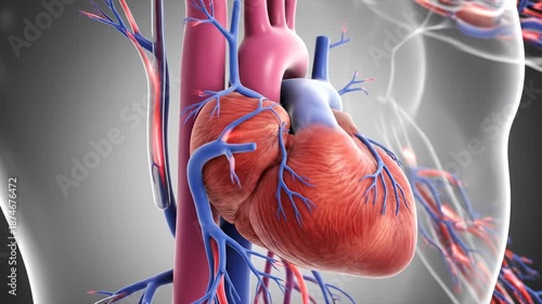 Human heart with coronary arteries and veins, illustration of anatomy for medical science or biology education purposes