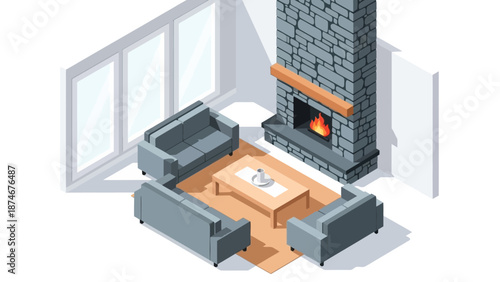 Cozy isometric living room with fireplace and modern furniture design