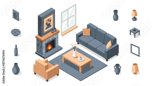 Modern isometric living room interior with fireplace and furniture