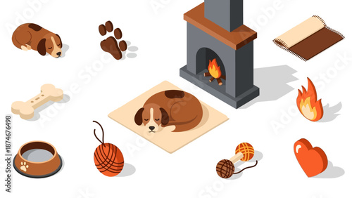 Cozy dog isometric design with sleeping puppy by fireplace and playful toys