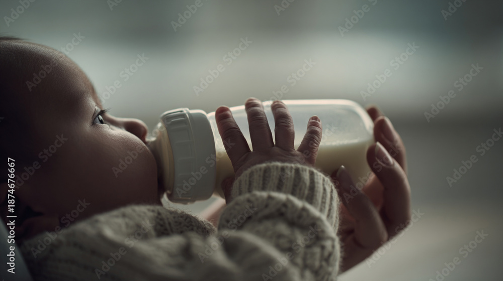 Naklejka premium Baby drinking milk formula from bottle held by caregiver hand