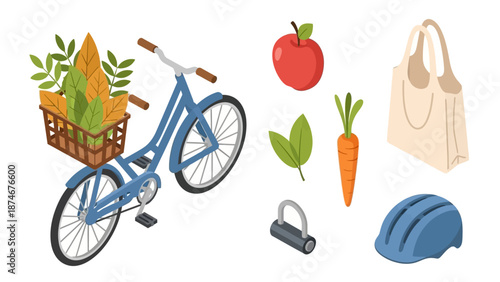Isometric eco lifestyle: bicycle with basket and fresh market produce