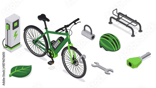 Eco-friendly cycling equipment and accessories in isometric style