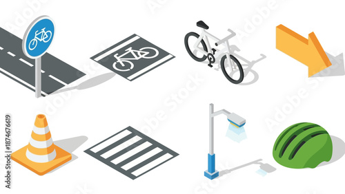 Isometric bicycle elements and road safety icons set for modern urban design