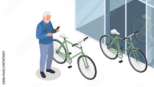 Elderly man with smartphone standing by bicycles outside modern building in isometric style