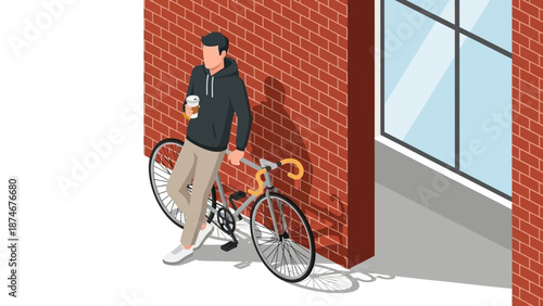 Urban cyclist relaxing with coffee leaning against brick wall
