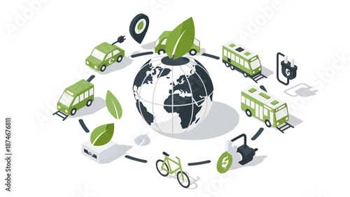 Sustainable transportation and eco-friendly solutions in isometric design