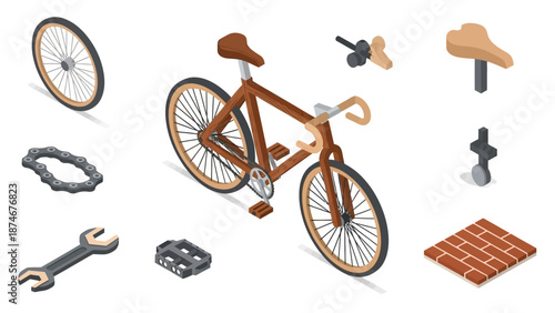 Isometric bicycle assembly with detailed parts and tools for diy projects