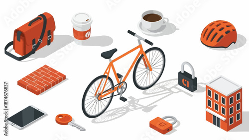 Isometric urban cycling essentials with orange accents for a modern lifestyle