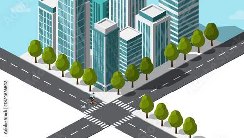 Modern urban cityscape with skyscrapers and cyclist in isometric design