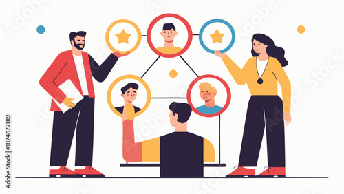 Team leaders guiding colleagues in modern office setting with star ratings