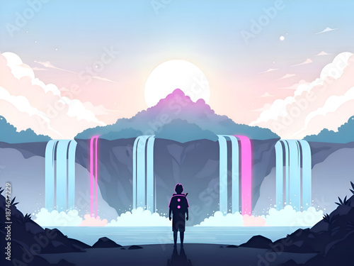 Adventurer gazing at colorful waterfalls