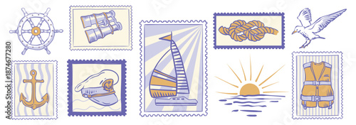 Vintage set of maritime postage stamps featuring nautical symbols. Ship, anchor, steering wheel, binoculars, and elements of sea travel and voyages.