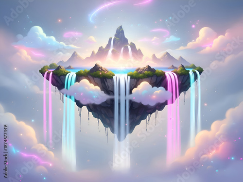 Floating island with waterfalls