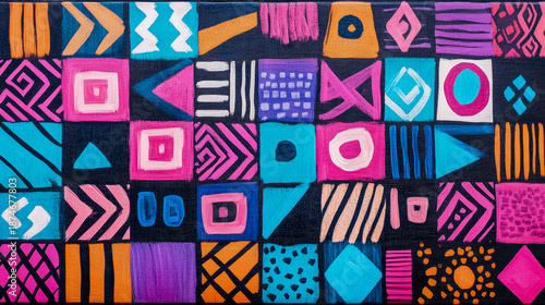 Dynamic Patchwork of Vivid Abstract Art Blocks with Contrasting Hues, Intricate Geometric Designs, and Expressive Strokes, Creating Lively Visual Textile