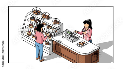 Isometric bakery scene with customers and pastry display