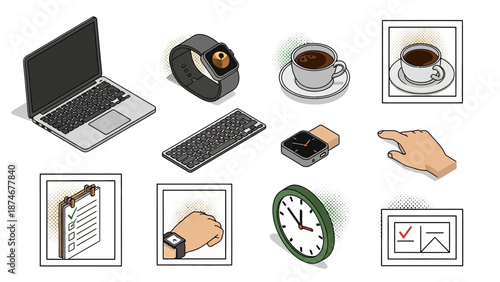 Modern office essentials in isometric style with gadgets, coffee, and productivity tools