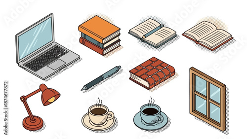 Cozy work setup with books, laptop, and coffee cups in retro isometric design