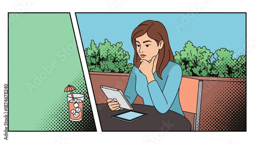 Pensive woman reads tablet at outdoor café in pop art style
