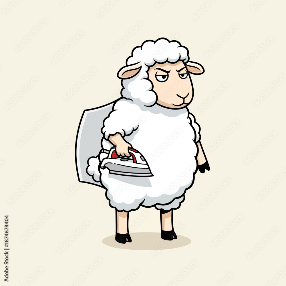 Obraz premium Cartoon Sheep Ironing Its Fluffy Wool Coat with a Steam Iron Mascot