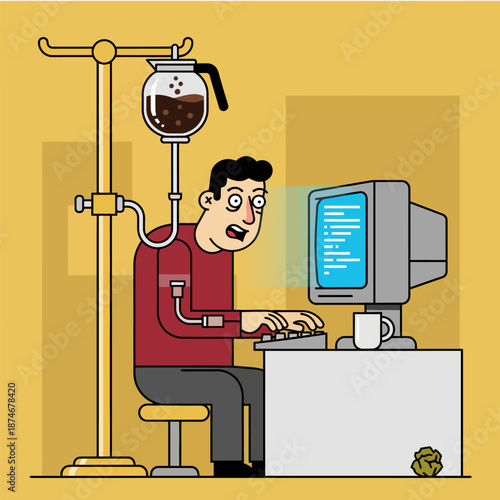 Office worker receiving caffeine IV drip infusion while typing on computer.