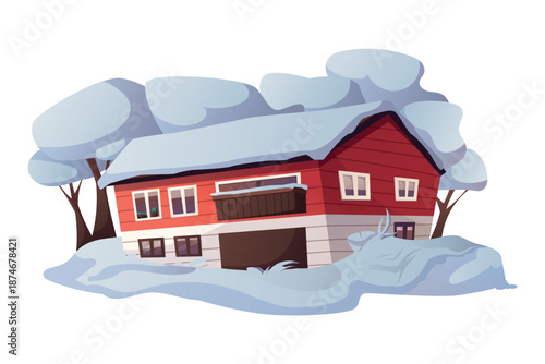 Cozy winter house covered with snow, warm red family home in snowy landscape, peaceful seasonal cartoon vector illustration, cold weather comfort, wintertime living concept.