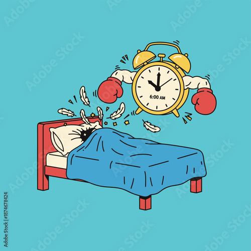 Cartoon Alarm Clock with Boxing Gloves Attacks Sleeper at 6 AM