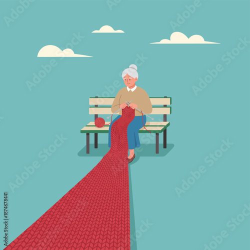 Elderly Woman Knitting a Very Long Red Scarf on a Park Bench