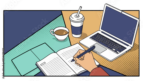 Comic style workspace with laptop, coffee, and notebook in modern office setting
