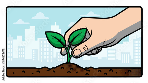 Hand planting seedling in urban setting with blue sky background